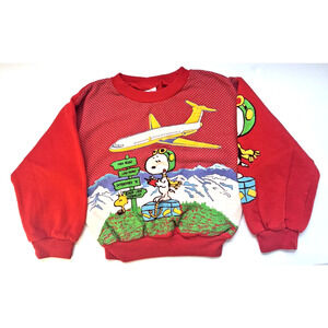 1965 Vintage Red PEANUTS SNOOPY Crewneck Sweatshirt Airplane Travel Size 6-CHILD